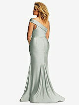 Rear View Thumbnail - Willow Green One-Shoulder Bias-Cuff Stretch Satin Mermaid Dress with Slight Train