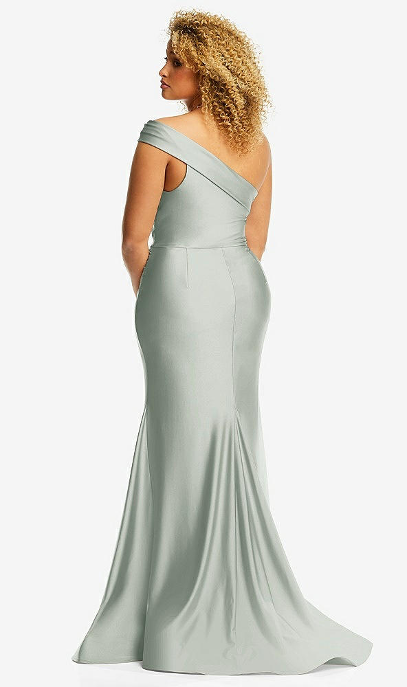 Back View - Willow Green One-Shoulder Bias-Cuff Stretch Satin Mermaid Dress with Slight Train