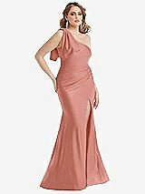 Alt View 1 Thumbnail - Desert Rose Cascading Bow One-Shoulder Stretch Satin Mermaid Dress with Slight Train