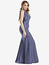 Side View Thumbnail - French Blue Cascading Bow One-Shoulder Stretch Satin Mermaid Dress with Slight Train