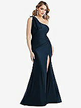Front View Thumbnail - Midnight Navy Cascading Bow One-Shoulder Stretch Satin Mermaid Dress with Slight Train