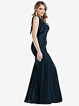Side View Thumbnail - Midnight Navy Cascading Bow One-Shoulder Stretch Satin Mermaid Dress with Slight Train
