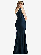 Rear View Thumbnail - Midnight Navy Cascading Bow One-Shoulder Stretch Satin Mermaid Dress with Slight Train