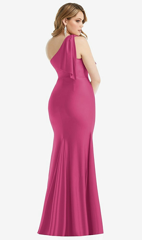 Back View - Tea Rose Cascading Bow One-Shoulder Stretch Satin Mermaid Dress with Slight Train