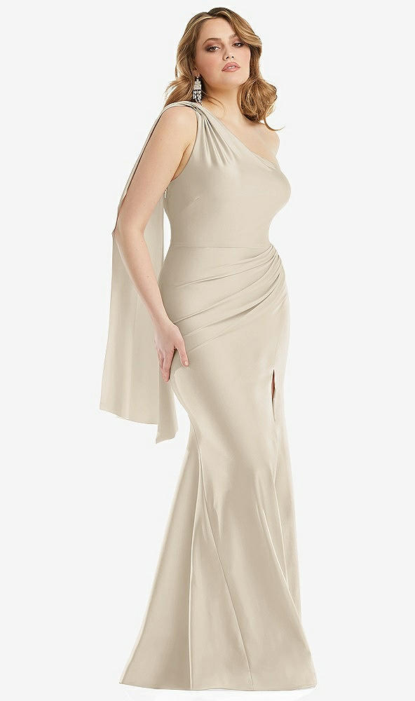 Front View - Champagne Scarf Neck One-Shoulder Stretch Satin Mermaid Dress with Slight Train