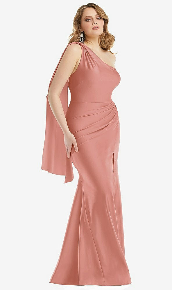 Front View - Desert Rose Scarf Neck One-Shoulder Stretch Satin Mermaid Dress with Slight Train