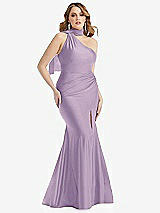 Alt View 1 Thumbnail - Pale Purple Scarf Neck One-Shoulder Stretch Satin Mermaid Dress with Slight Train