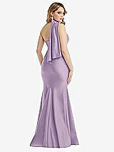 Rear View Thumbnail - Pale Purple Scarf Neck One-Shoulder Stretch Satin Mermaid Dress with Slight Train