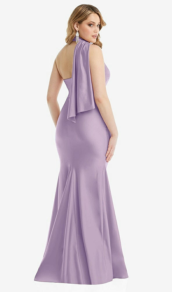 Back View - Pale Purple Scarf Neck One-Shoulder Stretch Satin Mermaid Dress with Slight Train