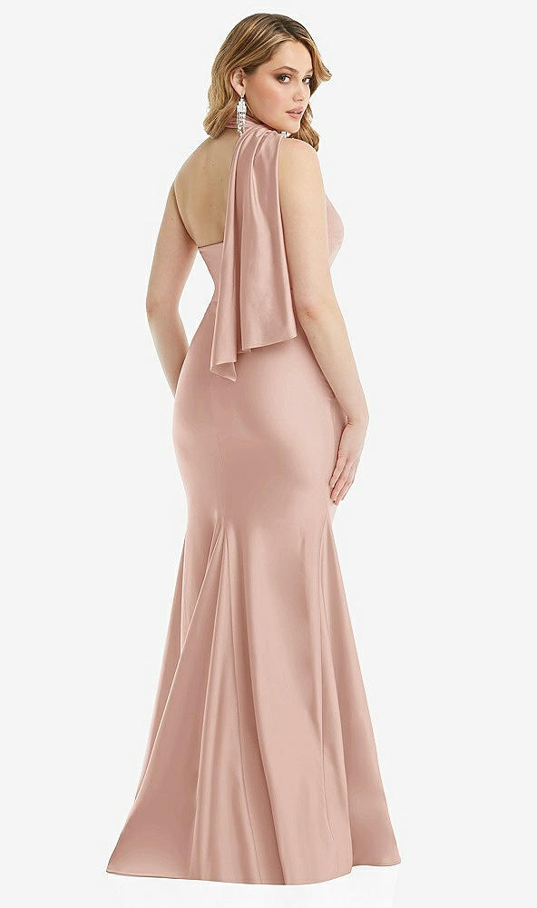 Back View - Toasted Sugar Scarf Neck One-Shoulder Stretch Satin Mermaid Dress with Slight Train