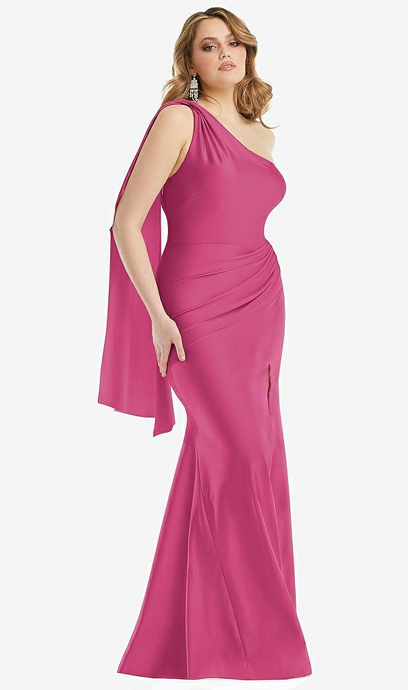 Front View - Tea Rose Scarf Neck One-Shoulder Stretch Satin Mermaid Dress with Slight Train