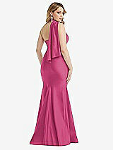 Rear View Thumbnail - Tea Rose Scarf Neck One-Shoulder Stretch Satin Mermaid Dress with Slight Train
