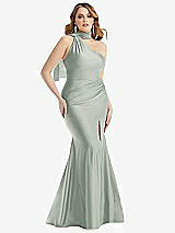 Alt View 1 Thumbnail - Willow Green Scarf Neck One-Shoulder Stretch Satin Mermaid Dress with Slight Train