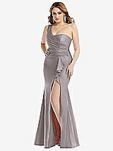 Front View Thumbnail - Cashmere Gray One-Shoulder Bustier Stretch Satin Mermaid Dress with Cascade Ruffle