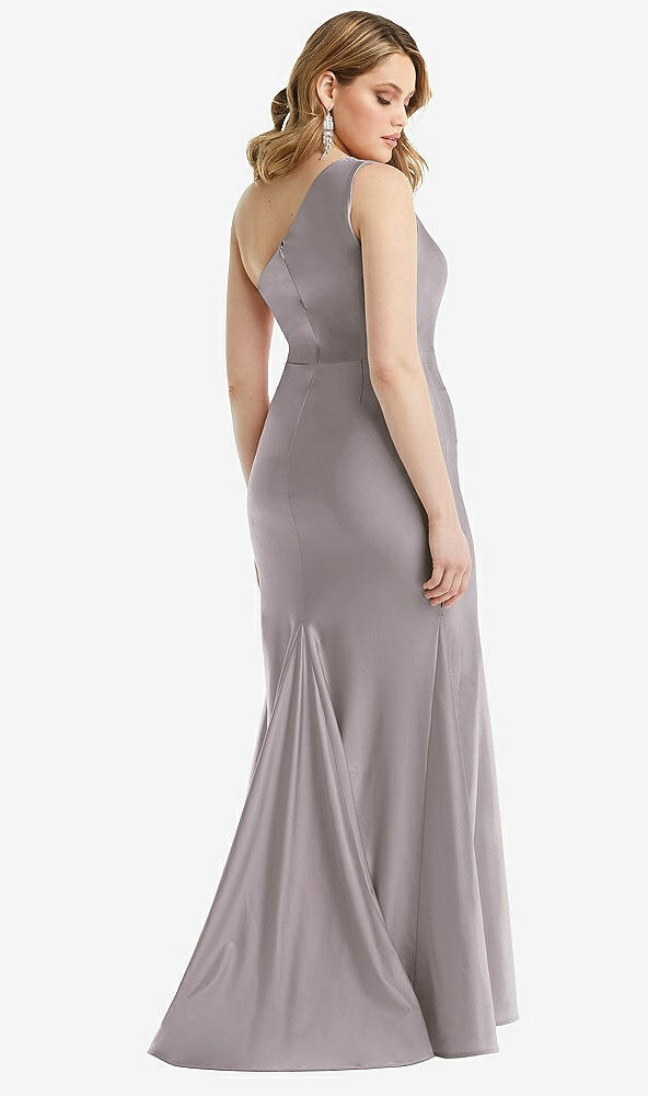 Back View - Cashmere Gray One-Shoulder Bustier Stretch Satin Mermaid Dress with Cascade Ruffle