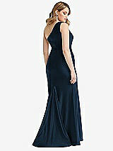 Rear View Thumbnail - Midnight Navy One-Shoulder Bustier Stretch Satin Mermaid Dress with Cascade Ruffle