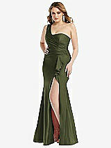 Front View Thumbnail - Olive Green One-Shoulder Bustier Stretch Satin Mermaid Dress with Cascade Ruffle