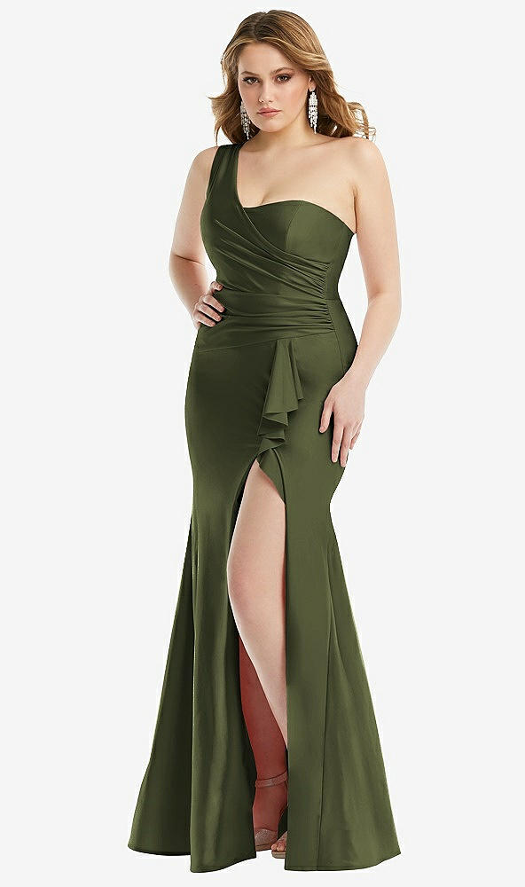Front View - Olive Green One-Shoulder Bustier Stretch Satin Mermaid Dress with Cascade Ruffle