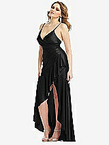 Side View Thumbnail - Black Pleated Wrap Ruffled High Low Stretch Satin Gown with Slight Train