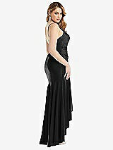 Rear View Thumbnail - Black Pleated Wrap Ruffled High Low Stretch Satin Gown with Slight Train