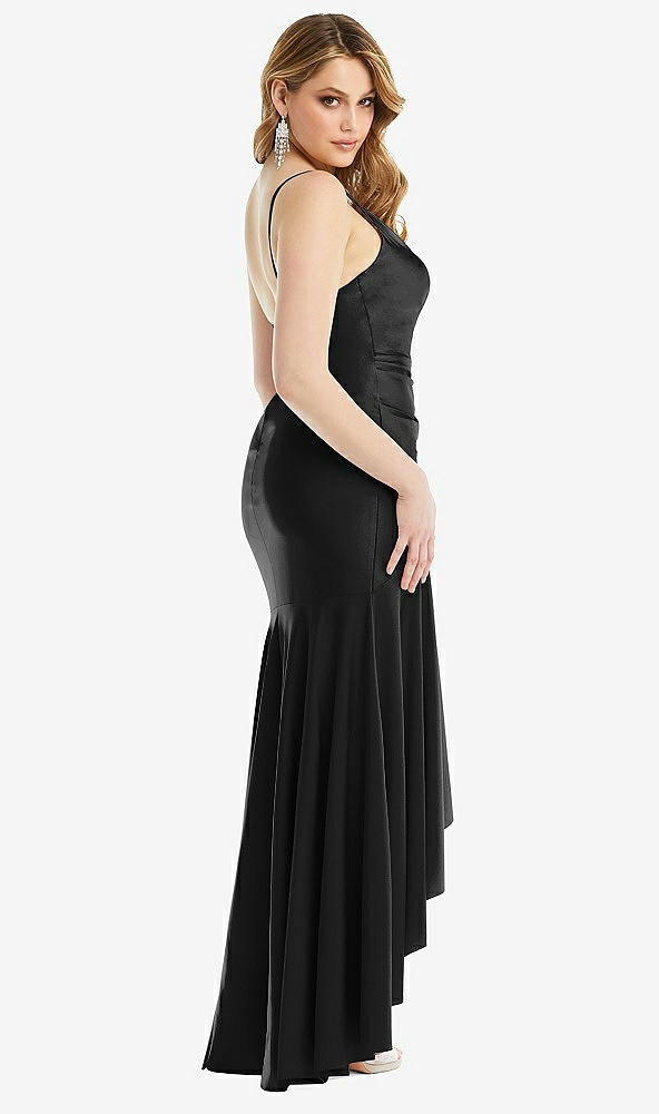 Back View - Black Pleated Wrap Ruffled High Low Stretch Satin Gown with Slight Train
