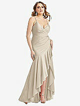 Front View Thumbnail - Champagne Pleated Wrap Ruffled High Low Stretch Satin Gown with Slight Train