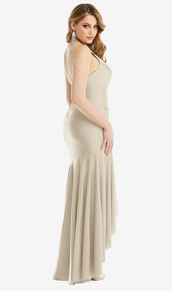 Back View - Champagne Pleated Wrap Ruffled High Low Stretch Satin Gown with Slight Train