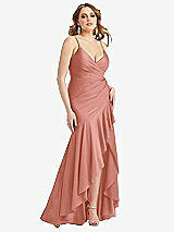 Front View Thumbnail - Desert Rose Pleated Wrap Ruffled High Low Stretch Satin Gown with Slight Train