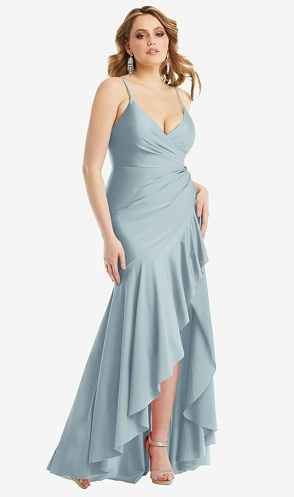 Front View - Mist Pleated Wrap Ruffled High Low Stretch Satin Gown with Slight Train