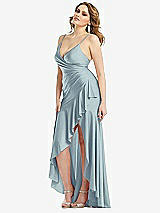 Side View Thumbnail - Mist Pleated Wrap Ruffled High Low Stretch Satin Gown with Slight Train
