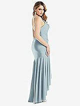 Rear View Thumbnail - Mist Pleated Wrap Ruffled High Low Stretch Satin Gown with Slight Train
