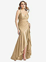 Front View Thumbnail - Soft Gold Pleated Wrap Ruffled High Low Stretch Satin Gown with Slight Train