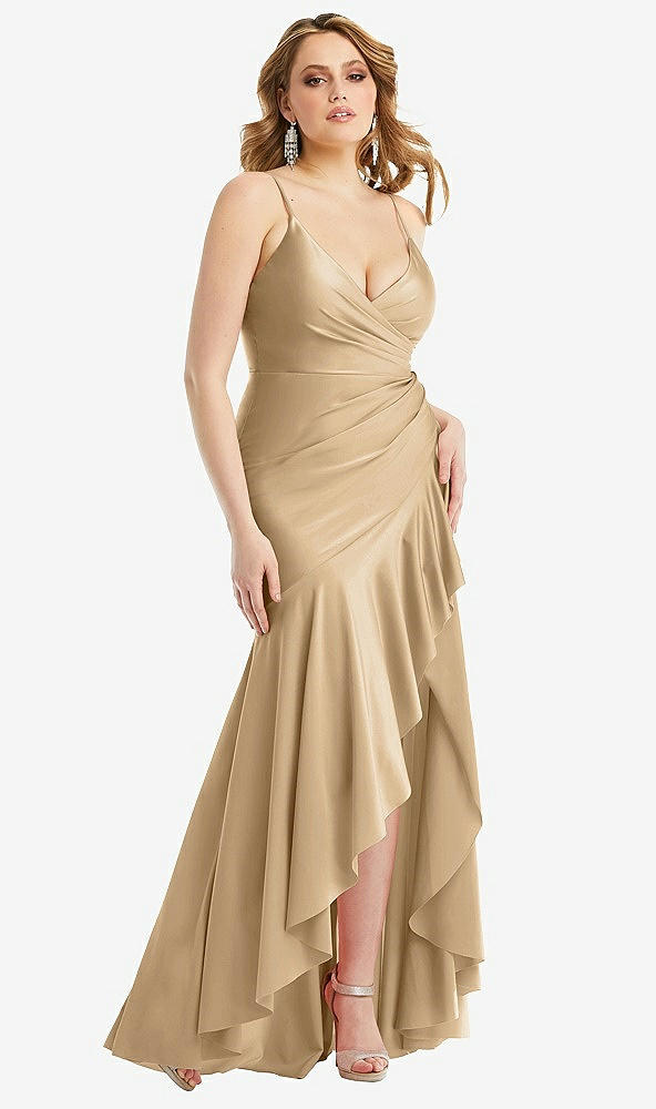 Front View - Soft Gold Pleated Wrap Ruffled High Low Stretch Satin Gown with Slight Train