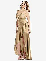 Side View Thumbnail - Soft Gold Pleated Wrap Ruffled High Low Stretch Satin Gown with Slight Train