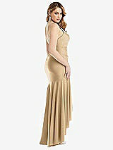 Rear View Thumbnail - Soft Gold Pleated Wrap Ruffled High Low Stretch Satin Gown with Slight Train