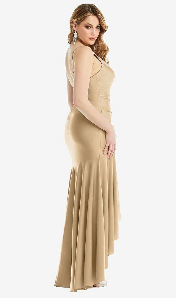 Back View - Soft Gold Pleated Wrap Ruffled High Low Stretch Satin Gown with Slight Train