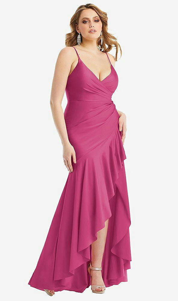 Front View - Tea Rose Pleated Wrap Ruffled High Low Stretch Satin Gown with Slight Train