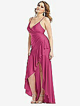 Side View Thumbnail - Tea Rose Pleated Wrap Ruffled High Low Stretch Satin Gown with Slight Train