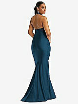 Rear View Thumbnail - Atlantic Blue Criss Cross Halter Open-Back Stretch Satin Mermaid Dress