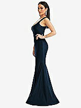 Side View Thumbnail - Midnight Navy Square Neck Stretch Satin Mermaid Dress with Slight Train