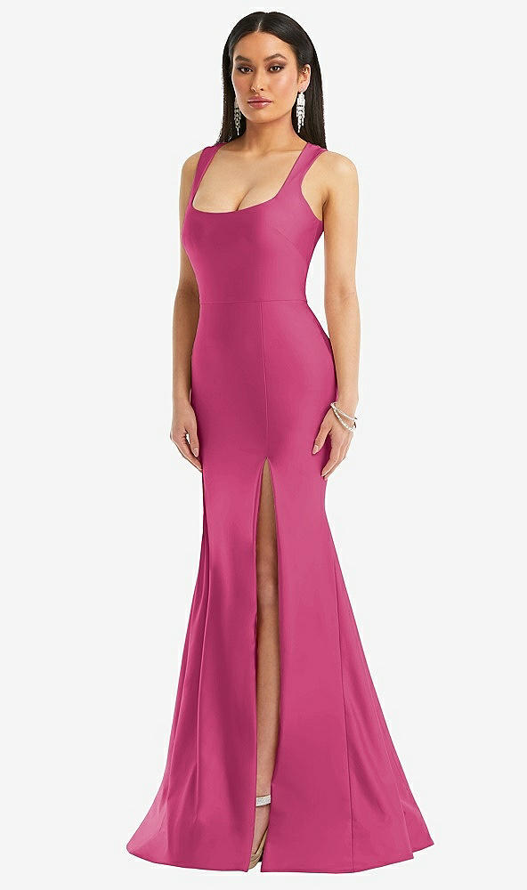 Front View - Tea Rose Square Neck Stretch Satin Mermaid Dress with Slight Train