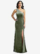 Front View Thumbnail - Sage One-Shoulder Velvet Trumpet Gown with Front Slit