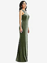 Side View Thumbnail - Sage One-Shoulder Velvet Trumpet Gown with Front Slit