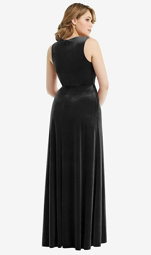 Back View - Black Deep V-Neck Sleeveless Velvet Maxi Dress with Pockets