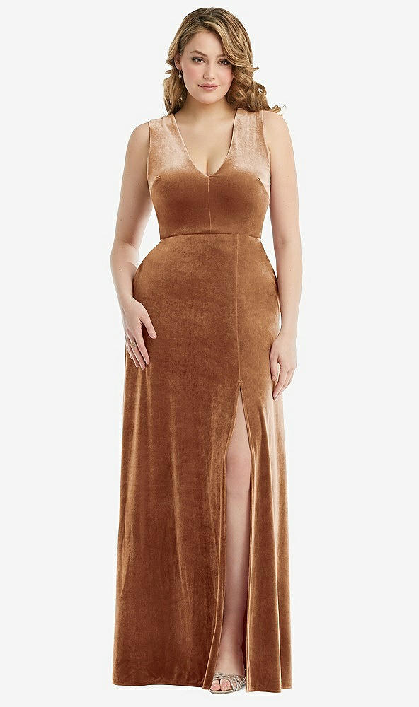 Front View - Golden Almond Deep V-Neck Sleeveless Velvet Maxi Dress with Pockets