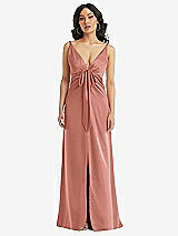 Front View Thumbnail - Desert Rose Skinny Strap Plunge Neckline Maxi Dress with Bow Detail