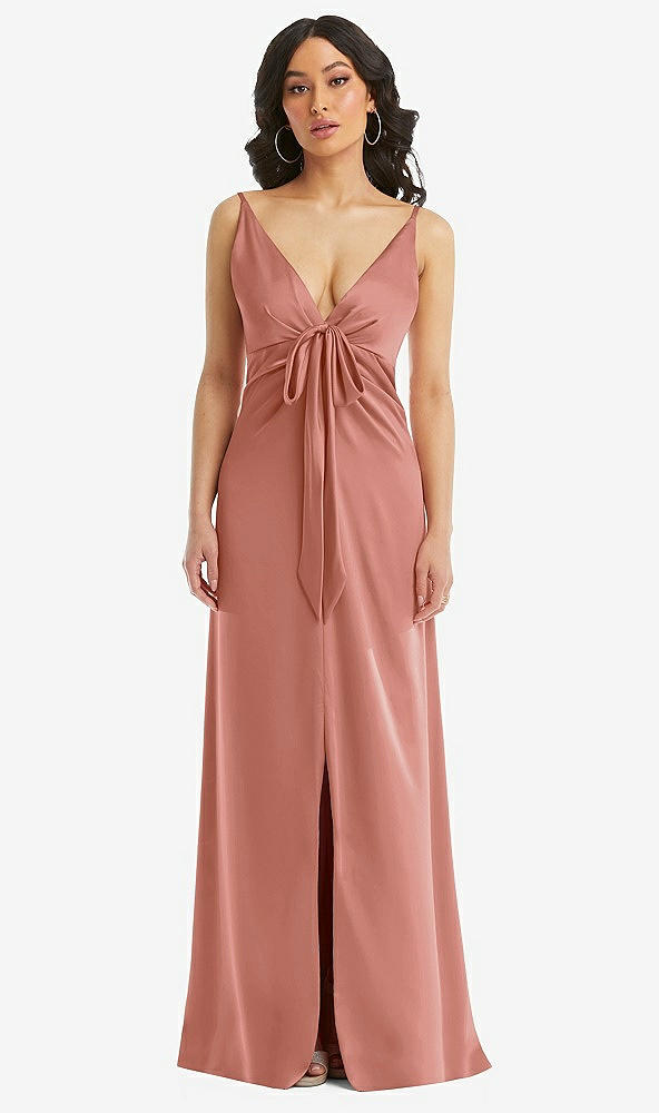 Front View - Desert Rose Skinny Strap Plunge Neckline Maxi Dress with Bow Detail