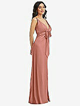 Side View Thumbnail - Desert Rose Skinny Strap Plunge Neckline Maxi Dress with Bow Detail