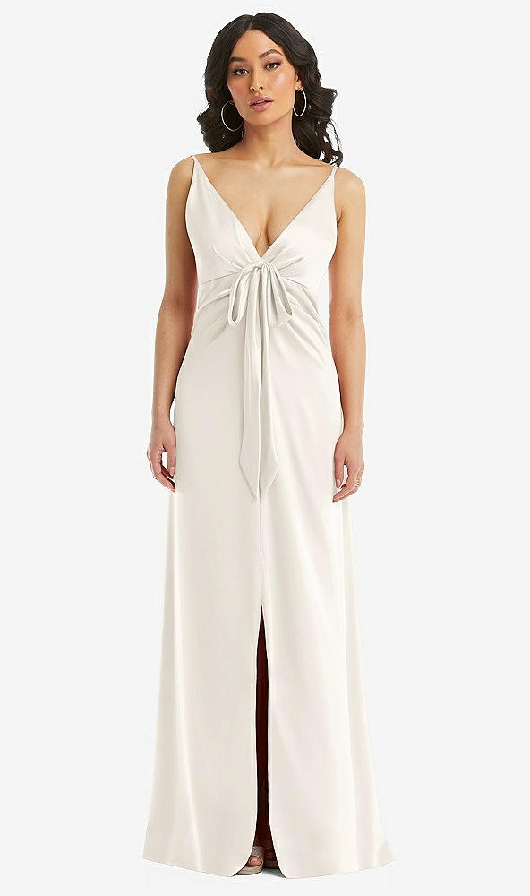 Front View - Ivory Skinny Strap Plunge Neckline Maxi Dress with Bow Detail