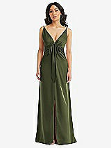 Front View Thumbnail - Olive Green Skinny Strap Plunge Neckline Maxi Dress with Bow Detail